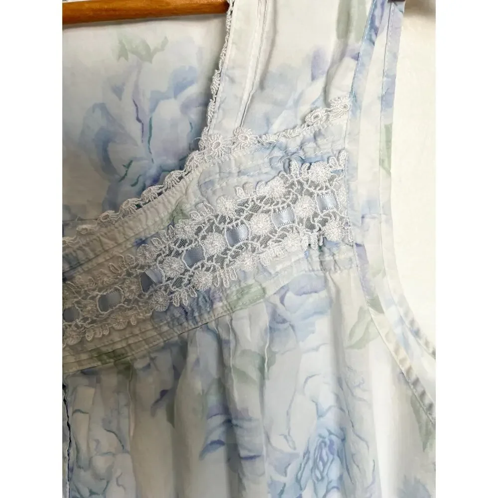 Eileen West Long Nightgown XL White Blue Floral Sleeveless Lace Cottage - Picture 2 of 7